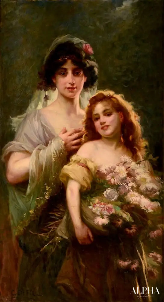 Portrait de Mère et Fille avec des Fleurs - Cesare-Auguste Detti Reproductions de tableaux à la peinture à l’huile