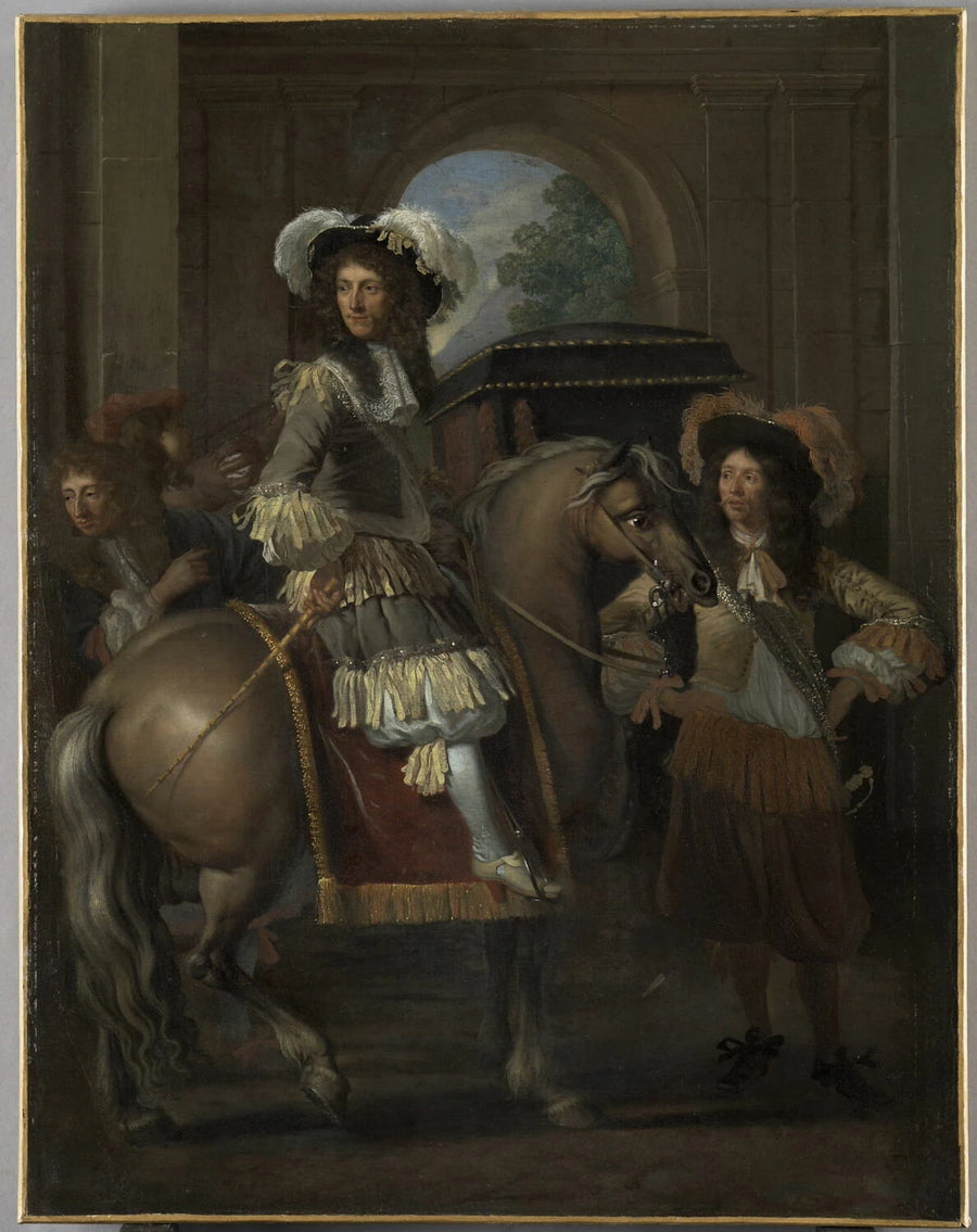 Portrait d un gentilhomme a cheval avec carrosse devant une porte monumentale - François Duchatel