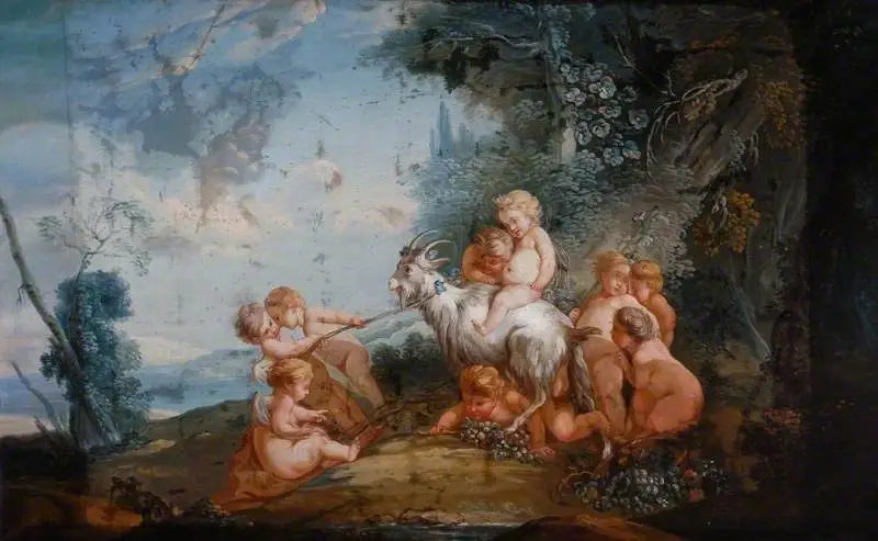 एक बछड़ा के साथ एक बकरी के साथ एक परिदृश्य में Putti - François Boucher