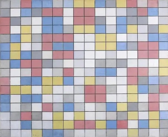 Reproduction du tableau « Rastercompositie 9 : la dambordcomposite contient des couleurs différentes - Piet Mondrian » par Alpha Reproduction en peinture à l’huile