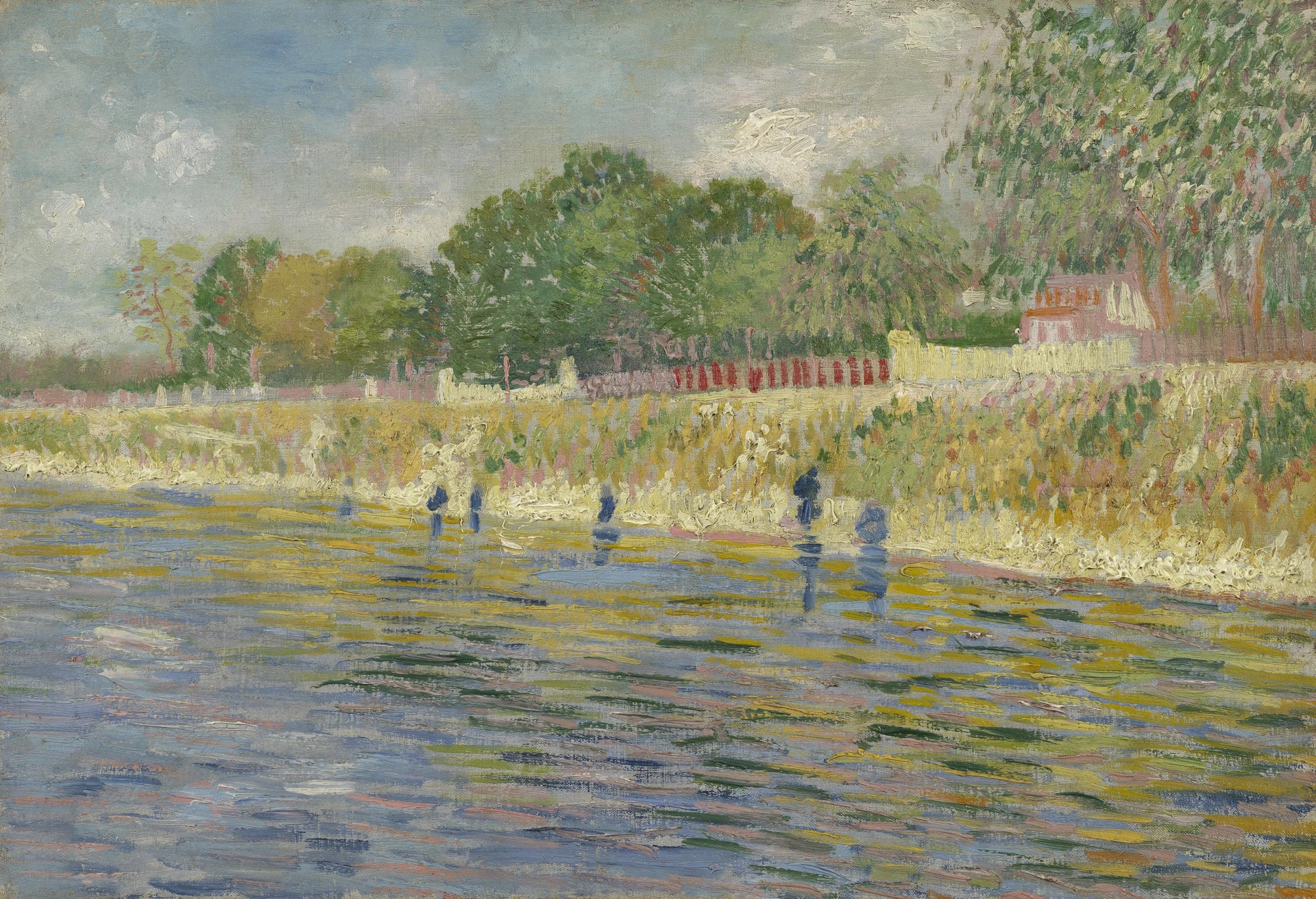 Rive de la Seine, F293 — promeneurs sur la berge et reflets colorés peints par Vincent van Gogh