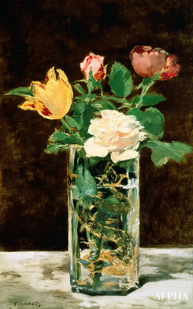 Roses et tulipes dans un vase - Edouard Manet - Reproductions de tableaux et peintures haut de gamme