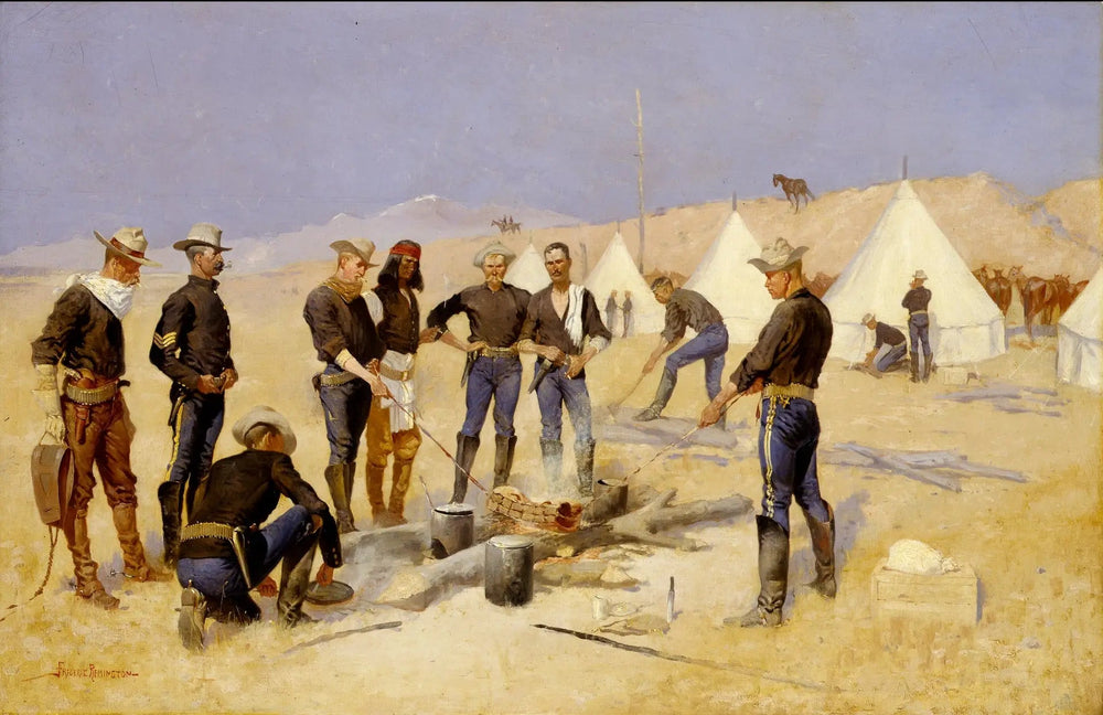 Rôtir le bœuf de Noël dans un camp de cavalerie - Frederic Remington image 1 copie de tableau peinte à la main