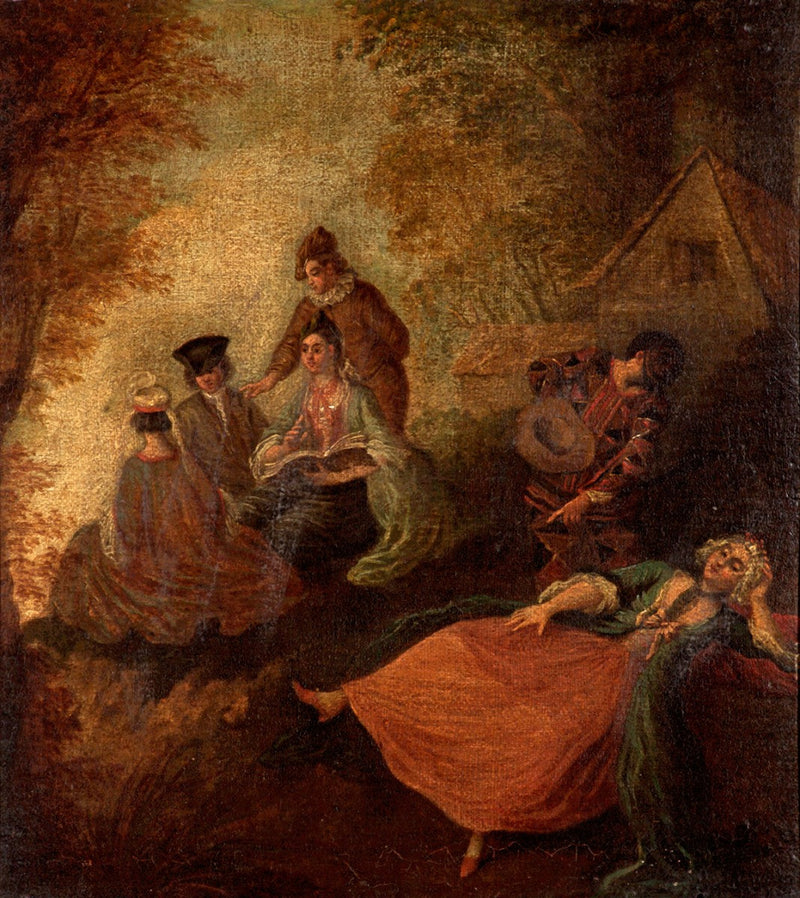 बाग का दृश्य पात्रों के साथ - Antoine Watteau