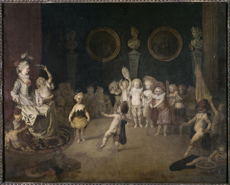 इटालियन कॉमेडी का दृश्य, जो बच्चों के एक समूह द्वारा निभाया गया - Antoine Watteau