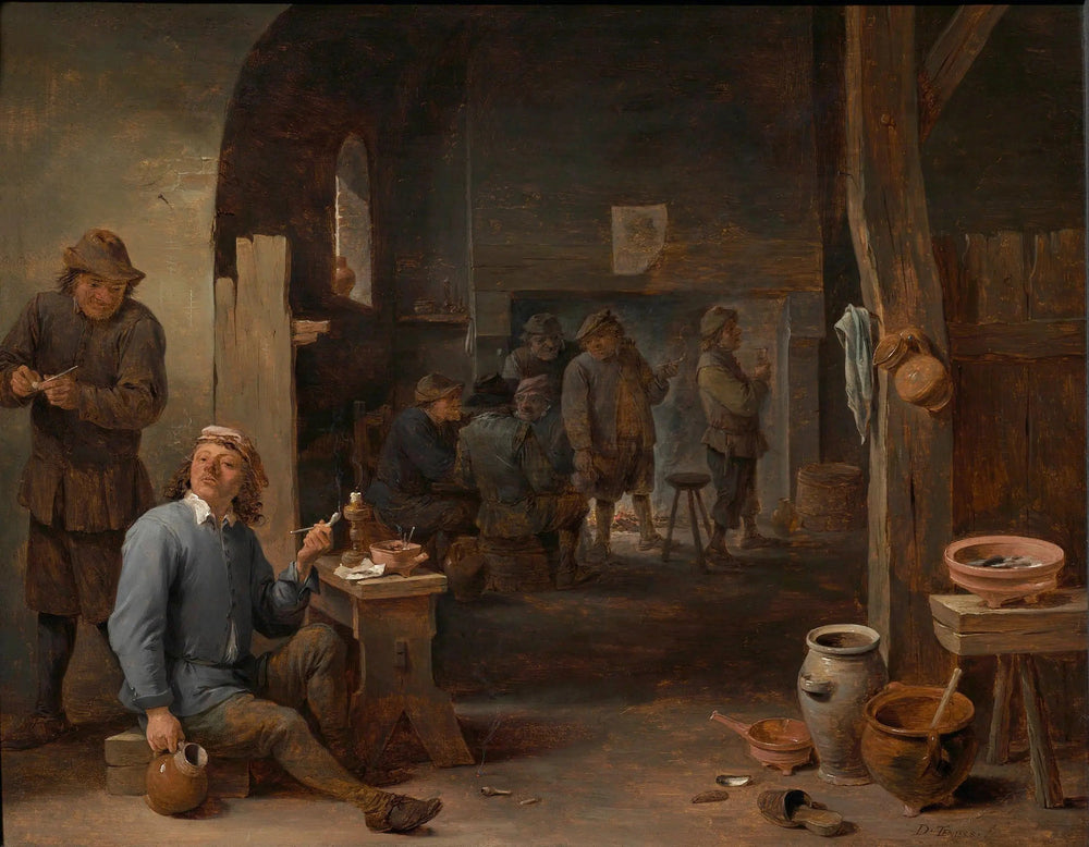 Scène de taverne avec un fumeur tenant un pot - David Teniers le Jeune image 1 copie de tableau peinte à la main