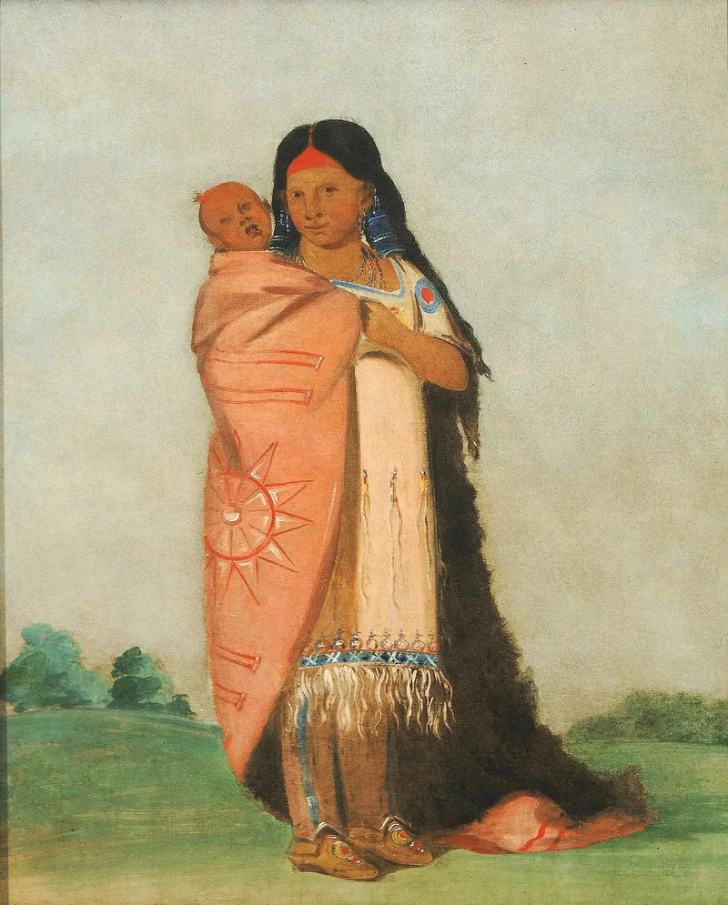 टसी-माउंट, ग्रांड मर्विले, अपने बच्चे को अपनी पोशाक में लिए हुए - जॉर्ज कैटलिन
