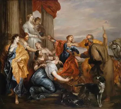 यूलीस लड़कियों के बीच में लाइकोमेड की बेटियों के बीच में Achilles की खोज कर रहा है - Antoine van Dyck