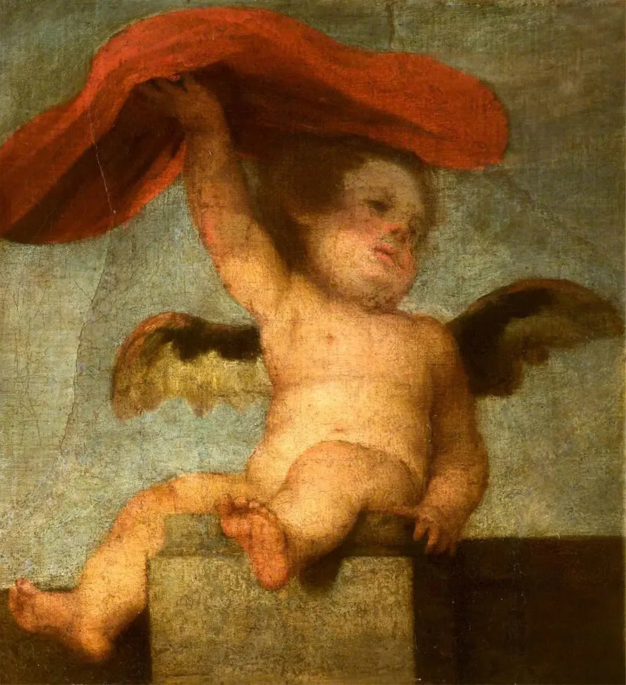 एक स्वर्गदूत-पूत कुछ लाल रंग का पकड़ रहा है: एक टुकड़ा - बारटोलोमे Esteban Murillo