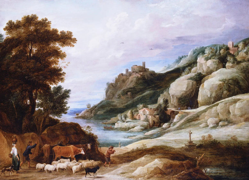 पहाड़ी परिदृश्य में अपने झुंड के साथ एक चरवाहा - डेविड टेनियर्स द ज्यूने