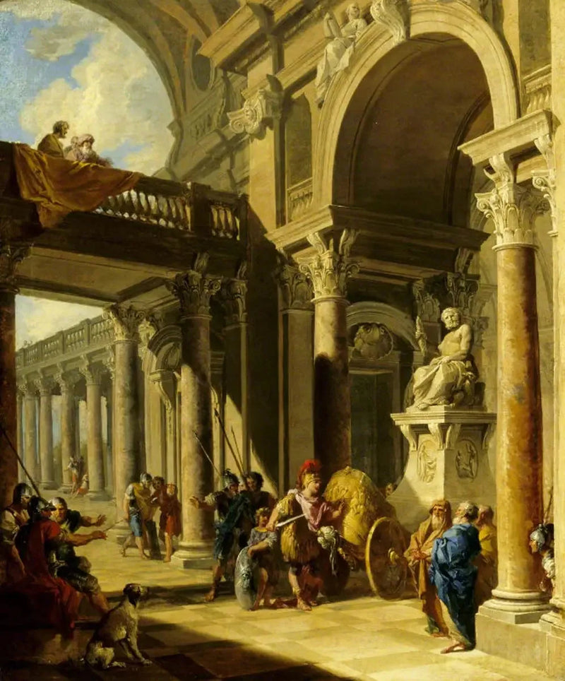 एक वास्तुशिल्प कैप्रिसियो जिसमें Alexandre गॉर्डियन का गाँठ काट रहा है - Giovanni Paolo Panini