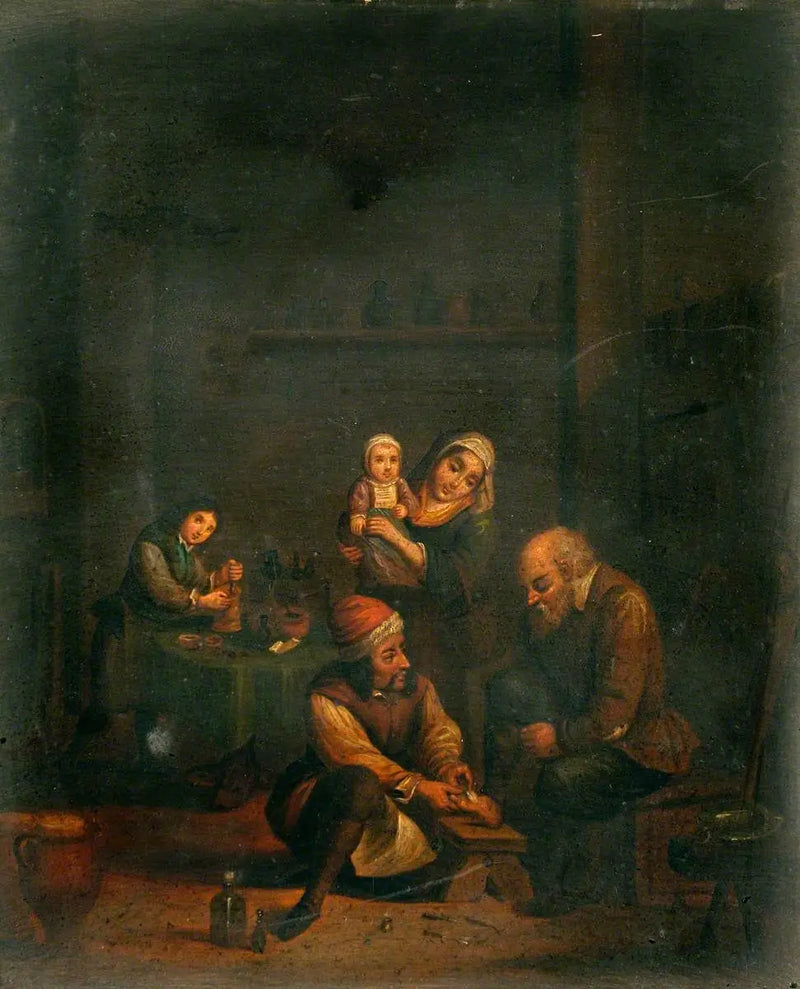 एक सर्जर जो एक आदमी के पैर का इलाज कर रहा है और तीन अन्य पात्र - डेविड टेनियर्स द ज्यूंग