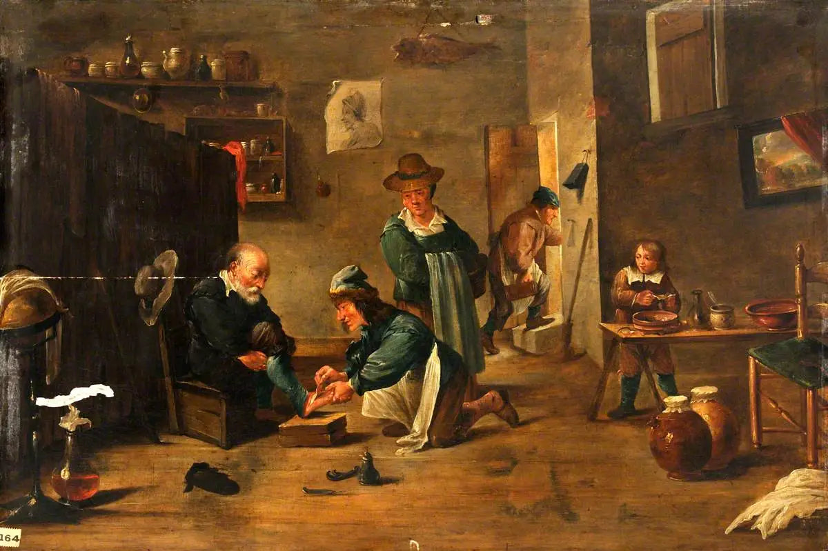 Un chirurgien soigne le pied d’un homme avec un plâtre - David Teniers le Jeune - Alpha Reproduction