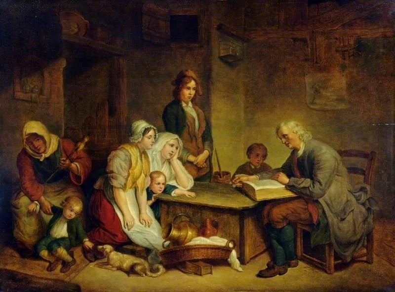 अपने परिवार के साथ बाइबिल पढ़ते पिता - जीन-बैप्टिस्ट ग्रूज़
