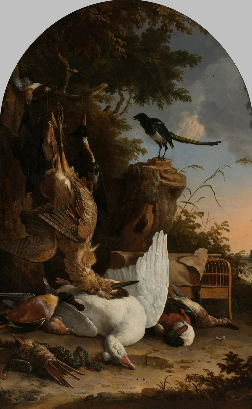 Un sac de chasseur près d'une souche d'arbre avec une pie, connue sous le nom de « la pie contemplative » - Melchior de Hondecoeter image 1 reproduction réalisée par Alpha Reproduction