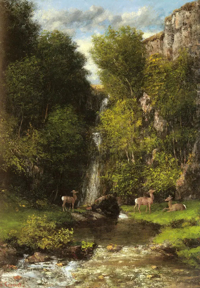 एक परिवार हिरणों का एक दृश्य में एक झरना के साथ - Gustave Courbet