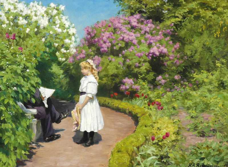 एक युवा लड़की जो भूरे रंग की टोपी पहने हुए है, सफेद गर्मी की पोशाक में - H. A. Brendekilde