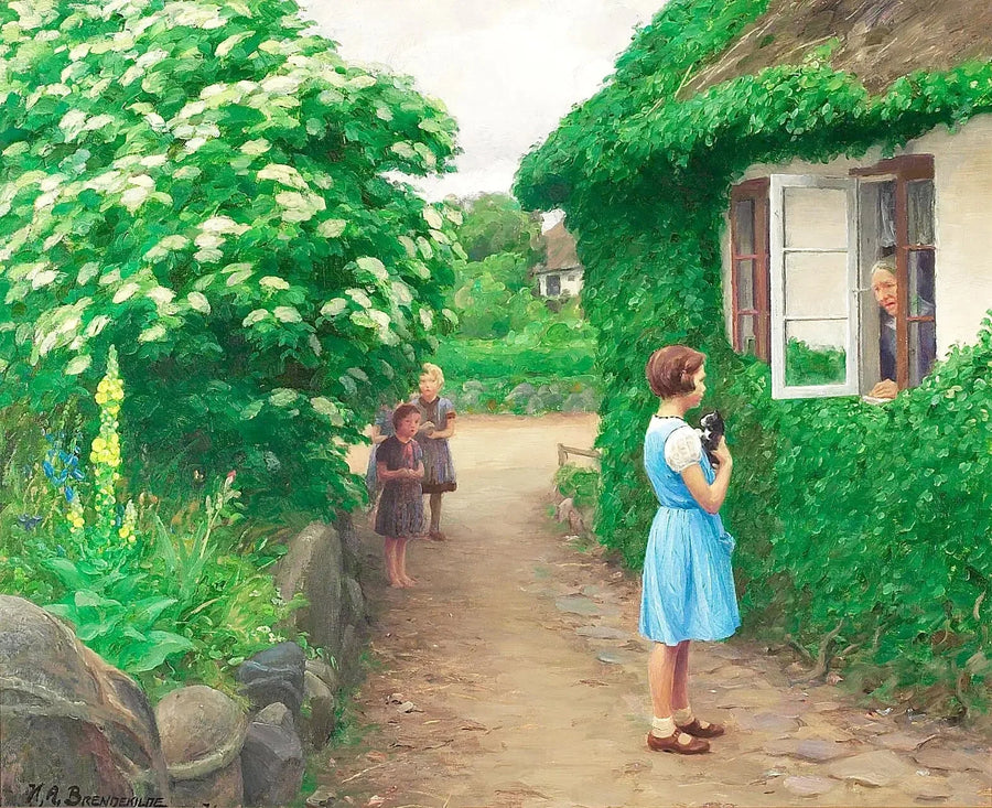 एक गर्मी का दिन बच्चों के साथ एक बिल्ली के बच्चे और खिड़की पर एक बूढ़ी महिला के साथ। - H. A. Brendekilde