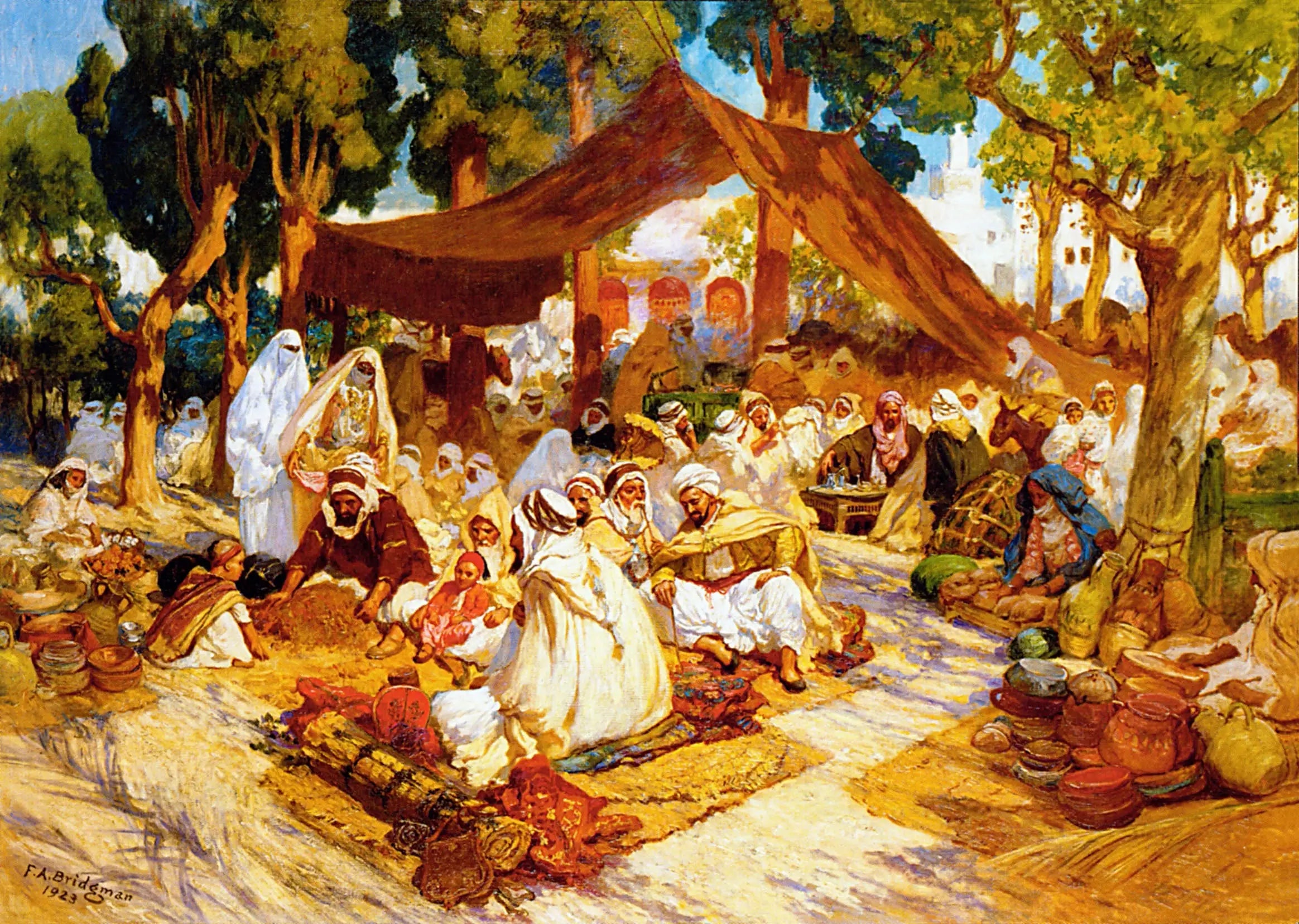 Une soirée de rassemblement dans un campement algérien - Frederick Arthur Bridgman - Alpha Reproduction