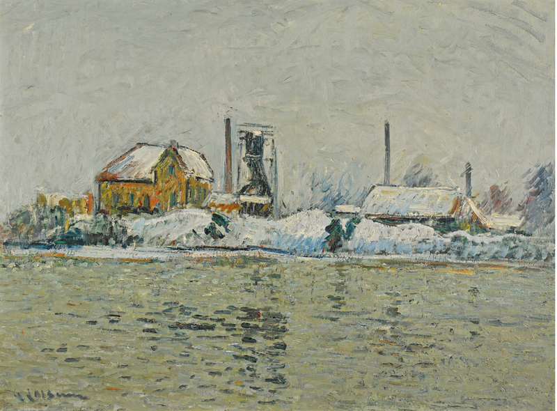 ओइस नदी के किनारे की फैक्ट्री, हिमपात का प्रभाव - Gustave Loiseau