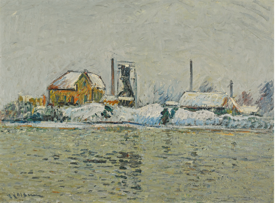 ओइस नदी के किनारे की फैक्ट्री, हिमपात का प्रभाव - Gustave Loiseau