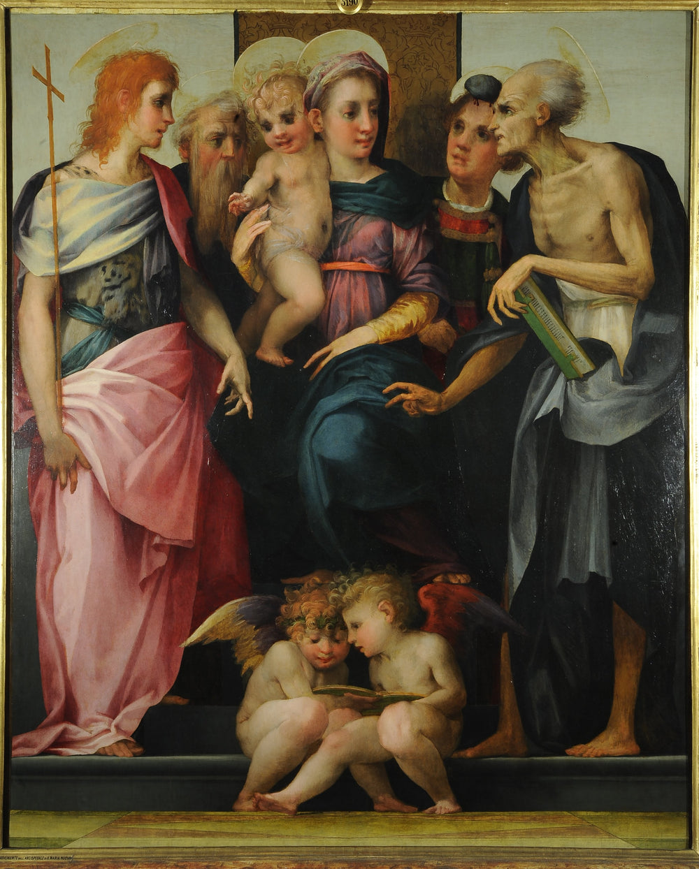 Vierge à l'Enfant en majesté avec les saints Jean baptiste, Antoine abbé, Étienne et Jérôme - Rosso Fiorentino image 1 tableau peint à l’huile sur toile