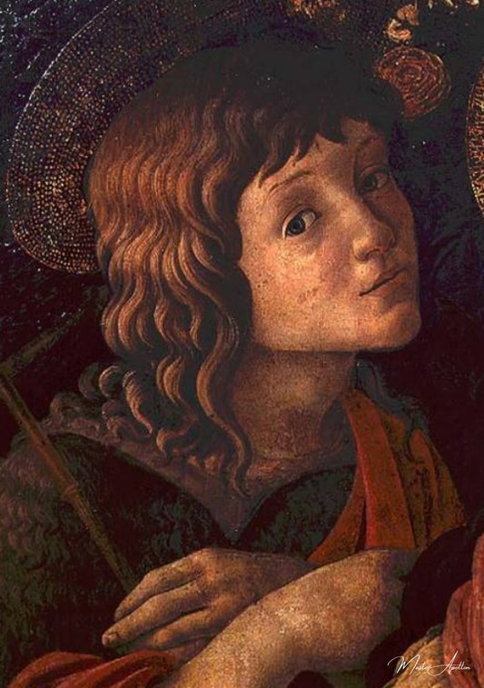 Vierge à l'Enfant avec Saint Jean Baptiste, détail du jeune saint - Sandro Botticelli - Reproductions de tableaux et peintures haut de gamme