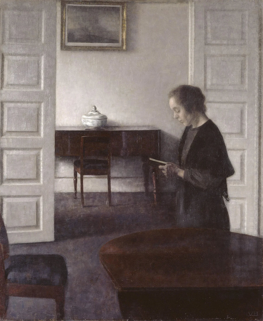 Intérieur avec une femme lisant, peinture de Vilhelm Hammershøi