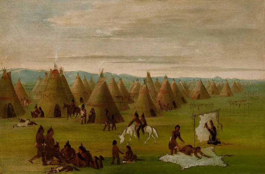 विलीग कमांचे, महिलाएं अपने कपड़े तैयार कर रही हैं और मांस सुखा रही हैं - जॉर्ज कैटलिन
