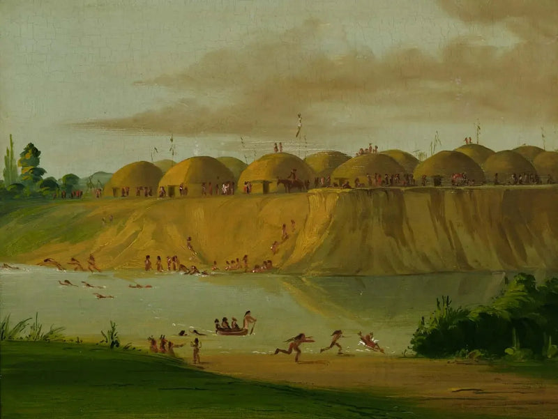गांव हिडाट्सा, मिट्टी से ढकी झोपड़ियां, नाइफ नदी पर, सेंट लुइस से 1810 मील ऊपर - जॉर्ज कैटलिन