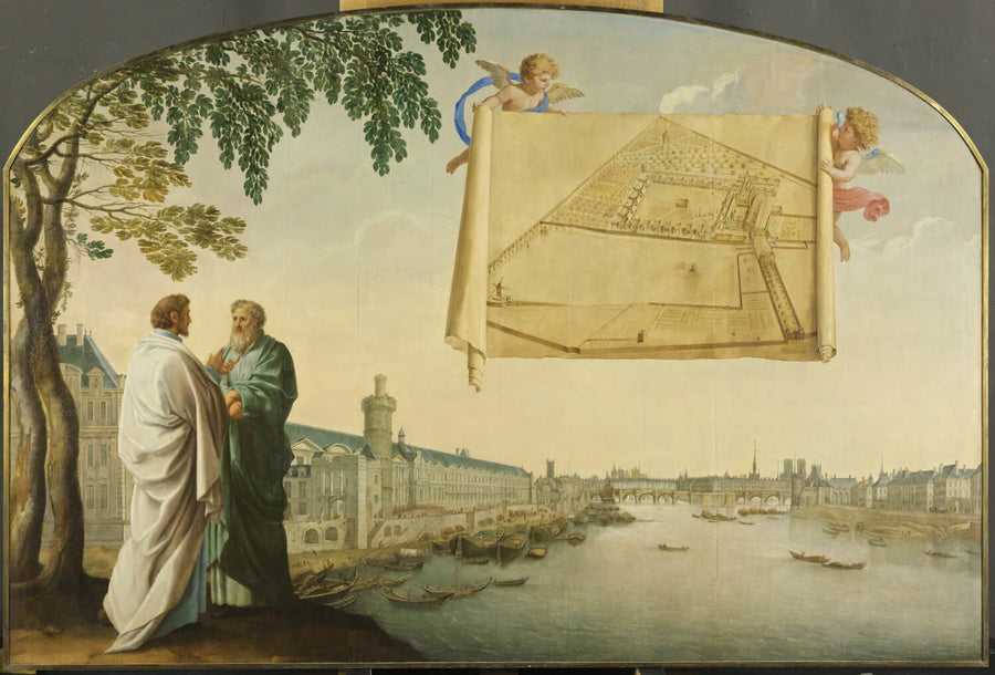 Vue de Paris avec le plan de la Chartreuse de Paris porté par deux angelots - Eustache Le Sueur