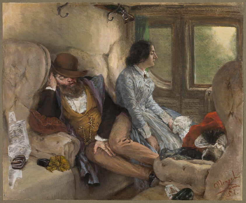 Dans un wagon après un voyage de nuit, Adolph Menzel — reproduction de peinture à l’huile